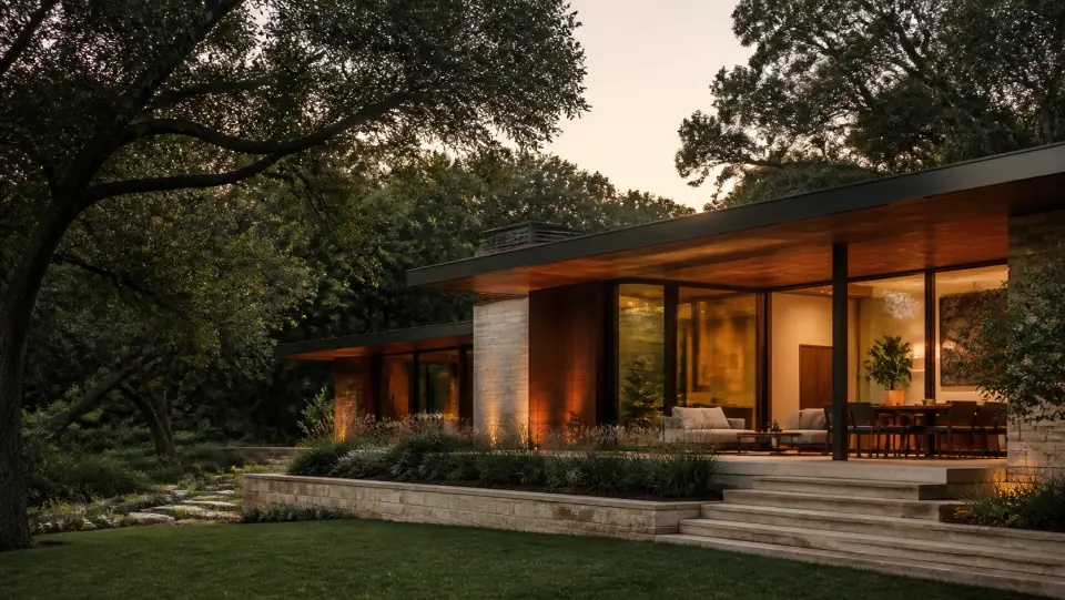 Grand Texas estate at golden dusk framed by mature oak trees. Conceptual imagery — not an active listing.