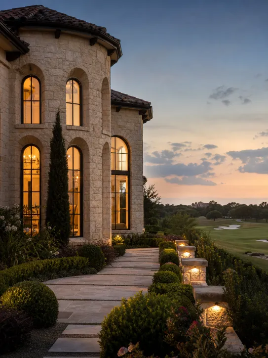 Stone estate beside a golf fairway with warm evening light. Conceptual imagery — not an active listing.