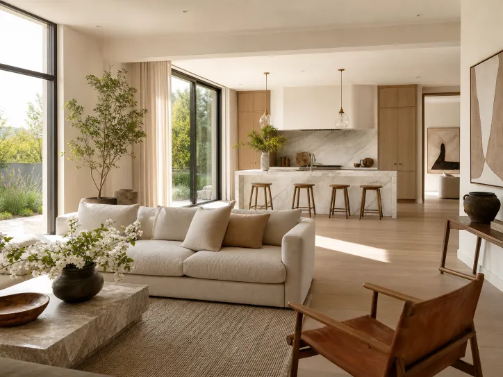 Staged living room with white oak floors and morning light. Conceptual imagery — not an active listing.