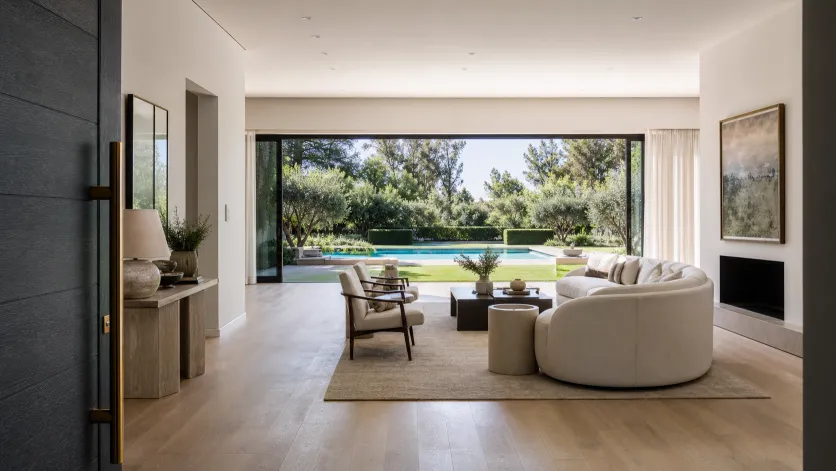 Staged living room opening to a pool and manicured garden in morning light. Conceptual imagery — not an active listing.