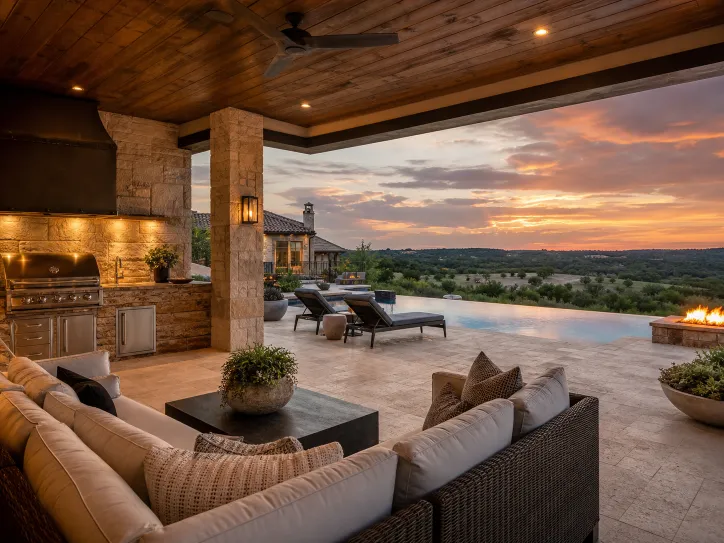 Covered outdoor living room beside an infinity pool and greenbelt. Conceptual imagery — not an active listing.